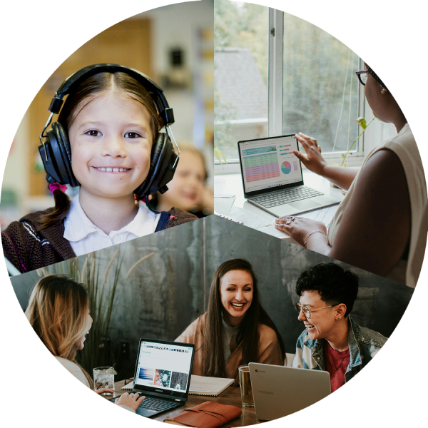 A child in headphones, a woman at a computer, three women in a fun meeting